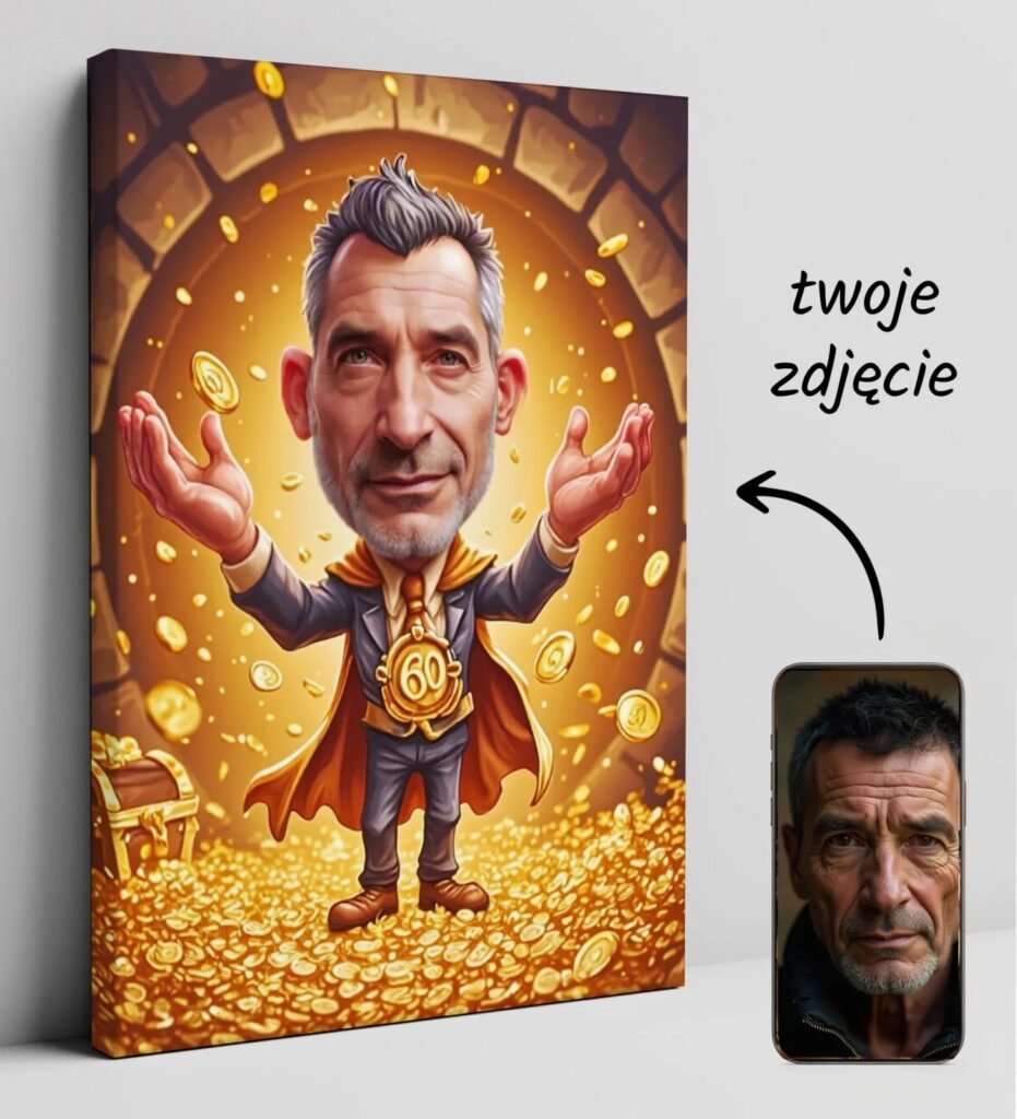 Caricature for 60th birthday – birthday in a vault full of gold coins — design gallery image 1