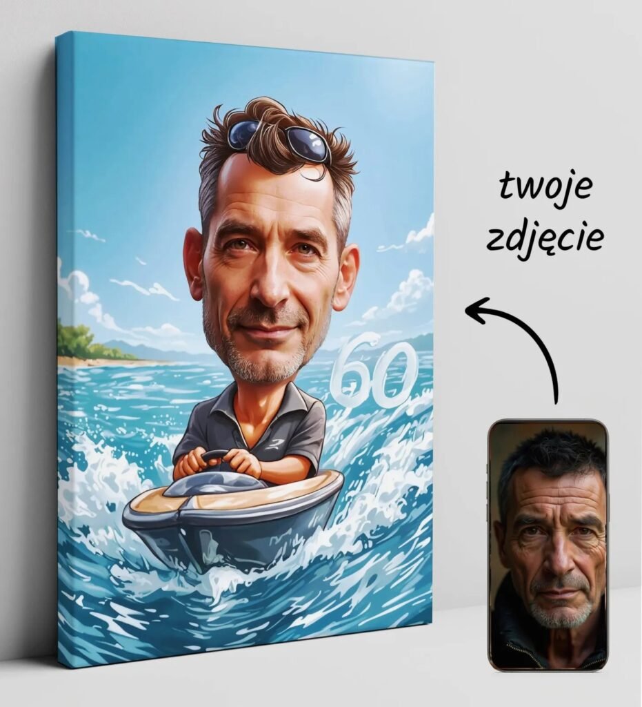 Gift for a friend for his birthday - caricature on a motorboat — design gallery image 1
