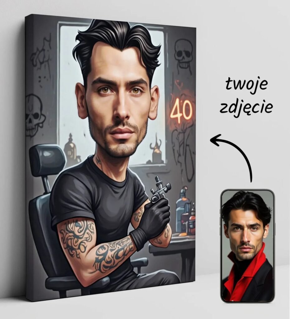 Tattooist caricature – gift for 40th birthday — design gallery image 1