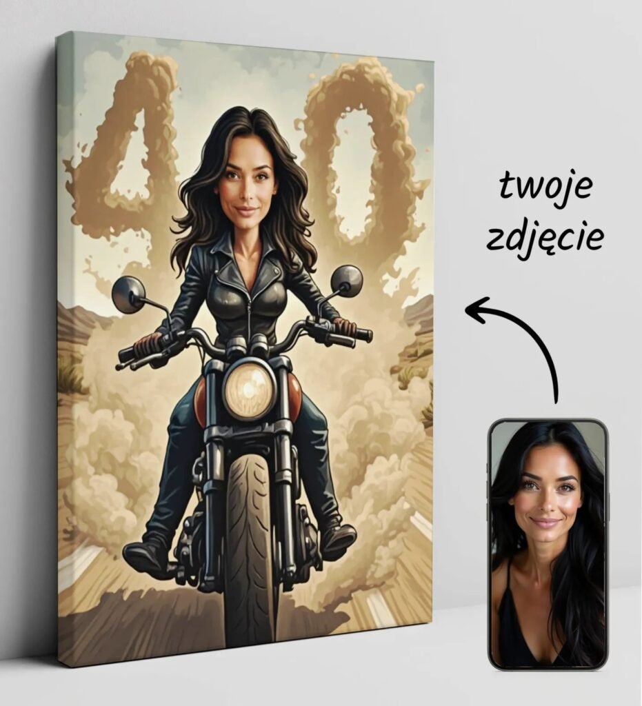 Caricature of a woman on a motorcycle – birthday gift with a digit — design gallery image 1