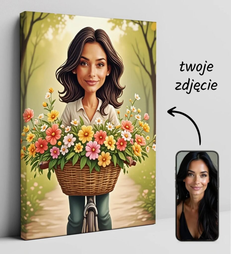 Caricature of cyclists with flowers as a gift for women — design gallery image 1