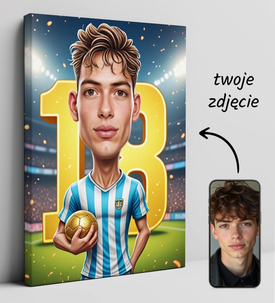 Sport souvenir for 18th birthday for a boy – caricature of a footballer — design gallery image 1