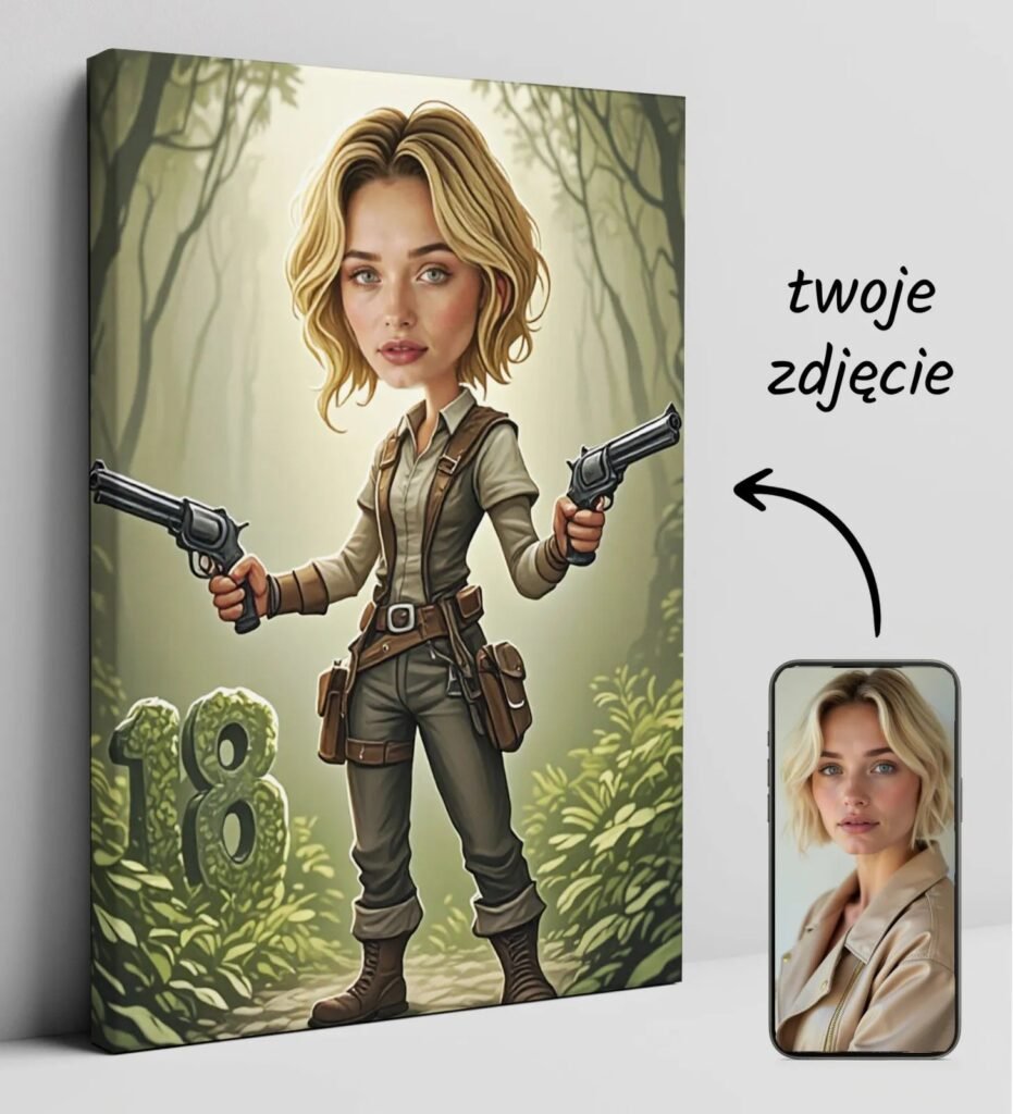 Caricature as LARA CROFT in the jungle with revolvers — design gallery image 1