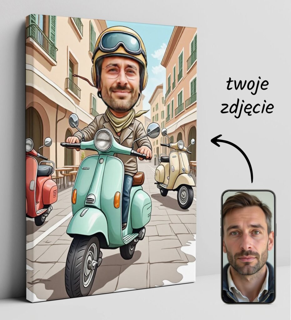 Portrait of caricature from photos – Italian style on scooter — design gallery image 1