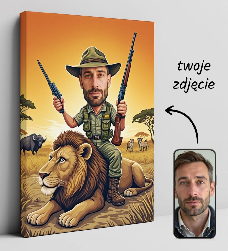 Portrait of caricature in photo – Safari on lion — design gallery image 1
