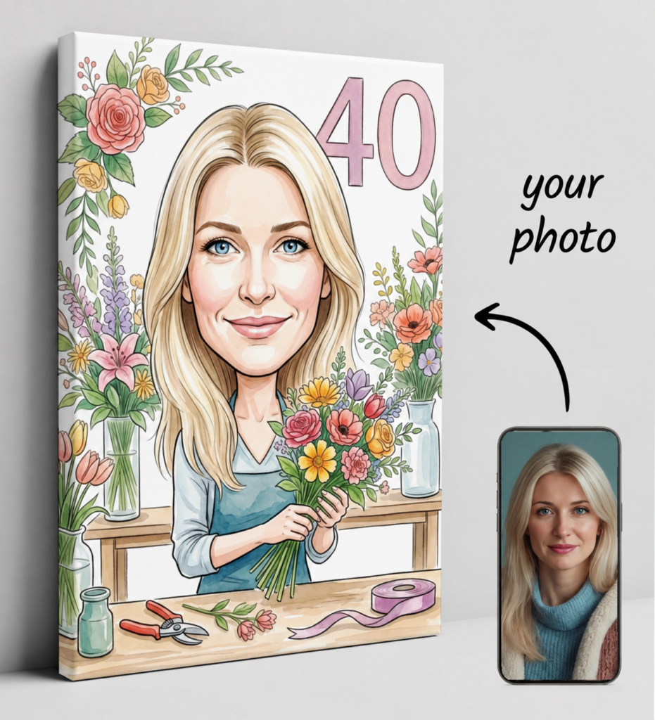 Florist caricature for 40th birthday - personalized gift — design gallery image 1