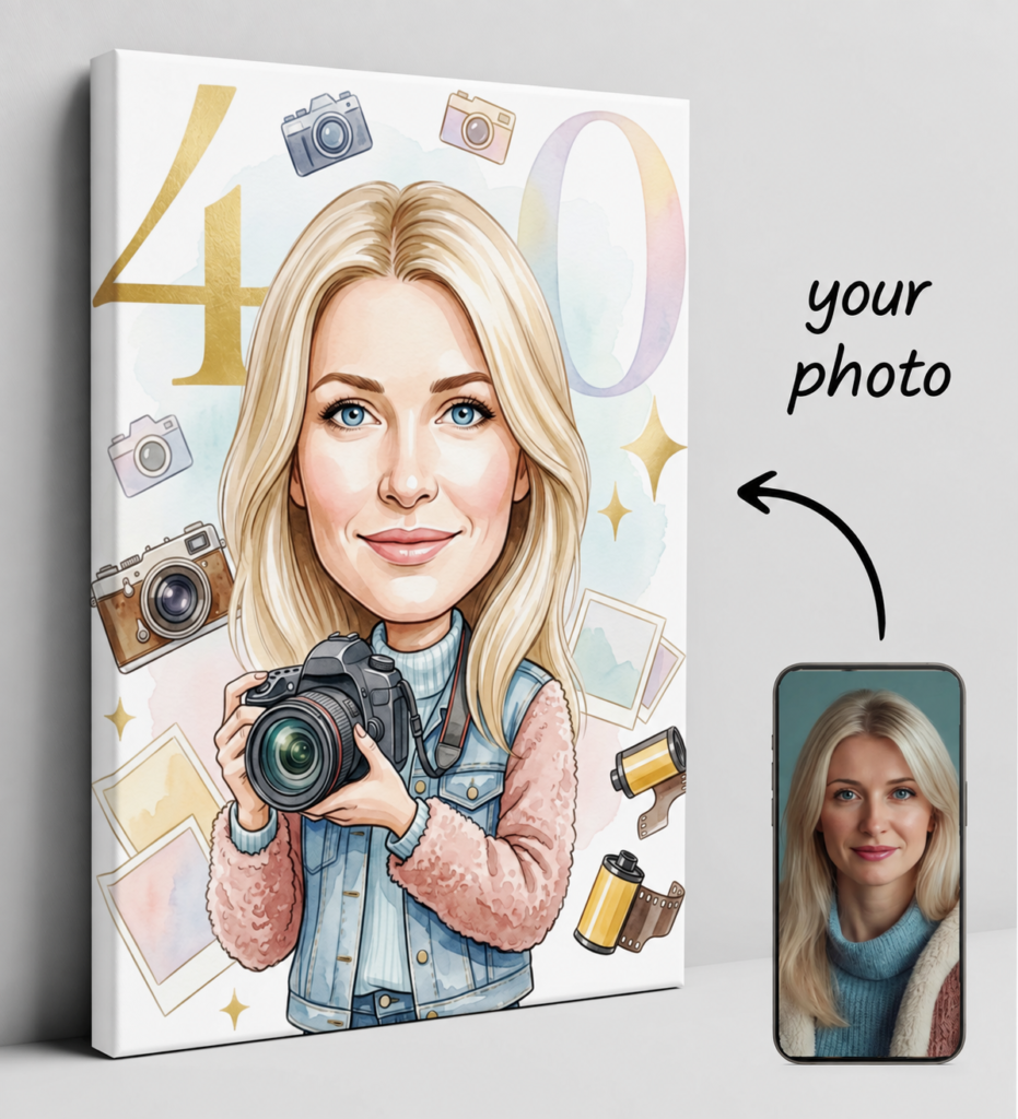 Photography caricature for 40th birthday - personalized gift — design gallery image 1