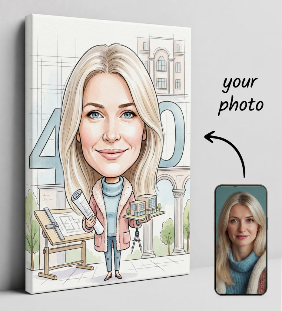 Architecture caricature for 40th birthday - personalized gift — design gallery image 1