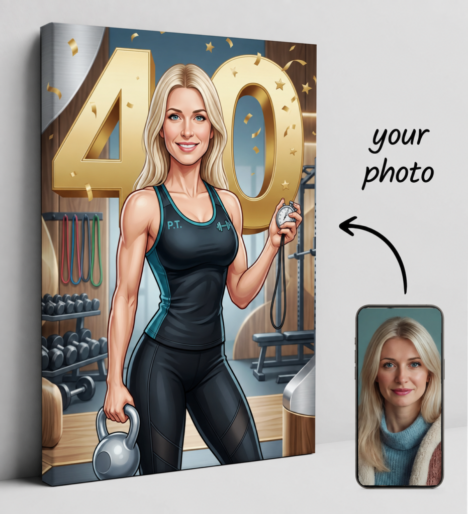 Personal trainer caricature for 40th birthday - personalized — design gallery image 1