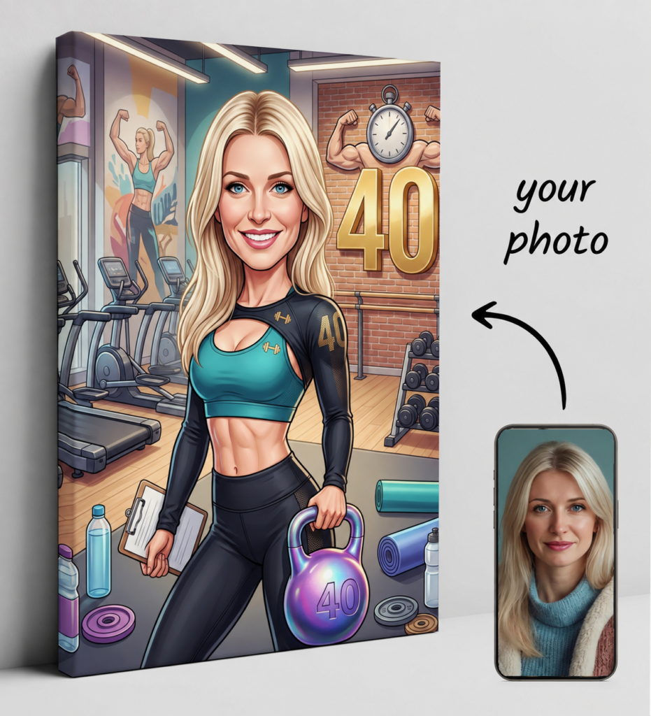 Caricature of fitness instructors for 40th birthday – personalized — design gallery image 1